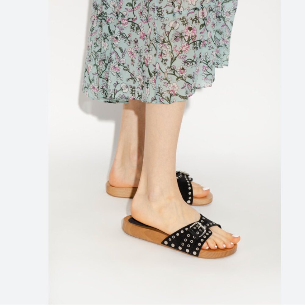 Isabel Marant Jaso Eyelet Leather Clog Slides Size 38 Black Studded Sand… - Picture 2 of 7